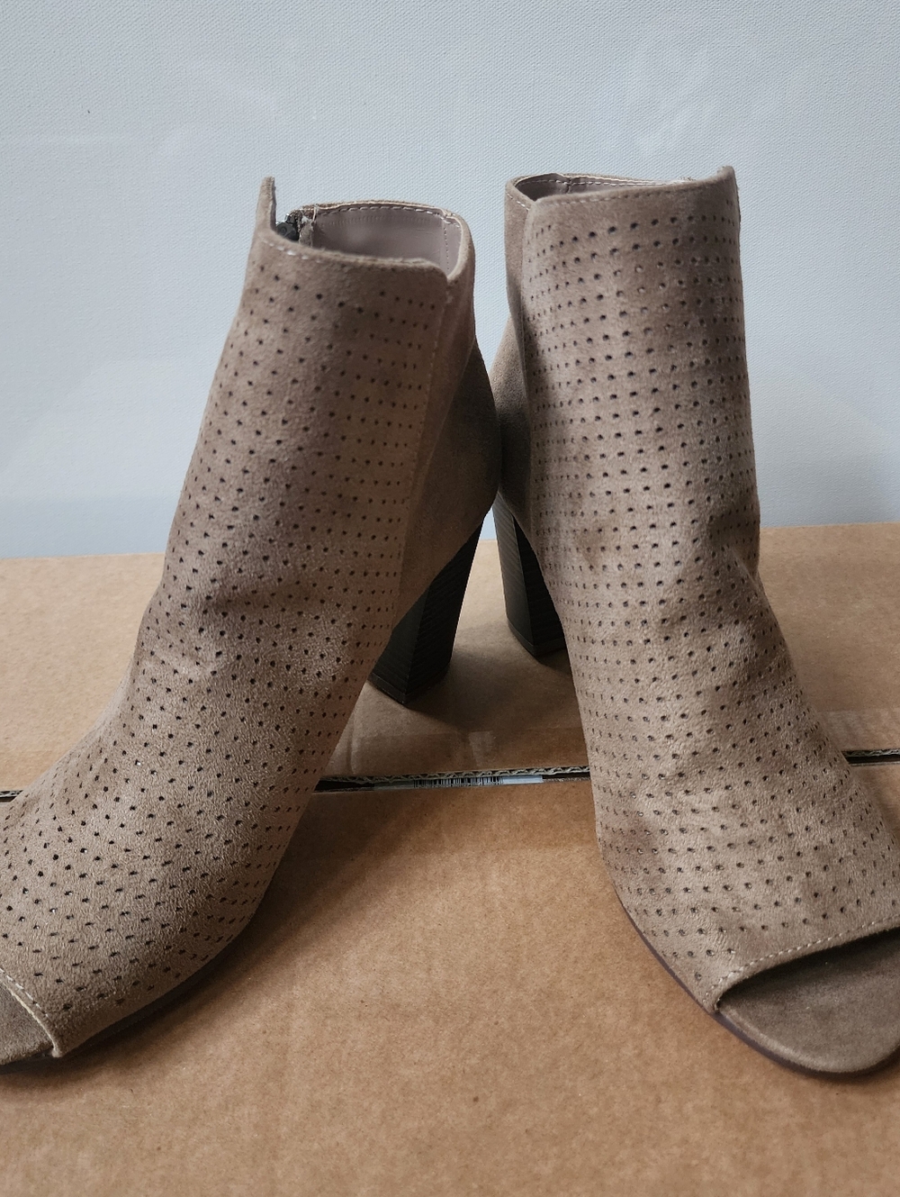 Francesca's Collections Taupe Perforated Suede Peep-Toe Ankle Boots